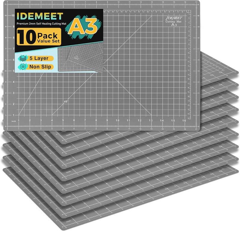 Idemeet Premium 10 Pcs Self Healing Cutting Mat 18'' x 12'', A3 Non-slip Sewing Mat for Quilting, 5-Ply Rotary Cutting Board Double-Sided for Crafts Cutting Fabric Scrapbooking Modeling Projects - Image 1